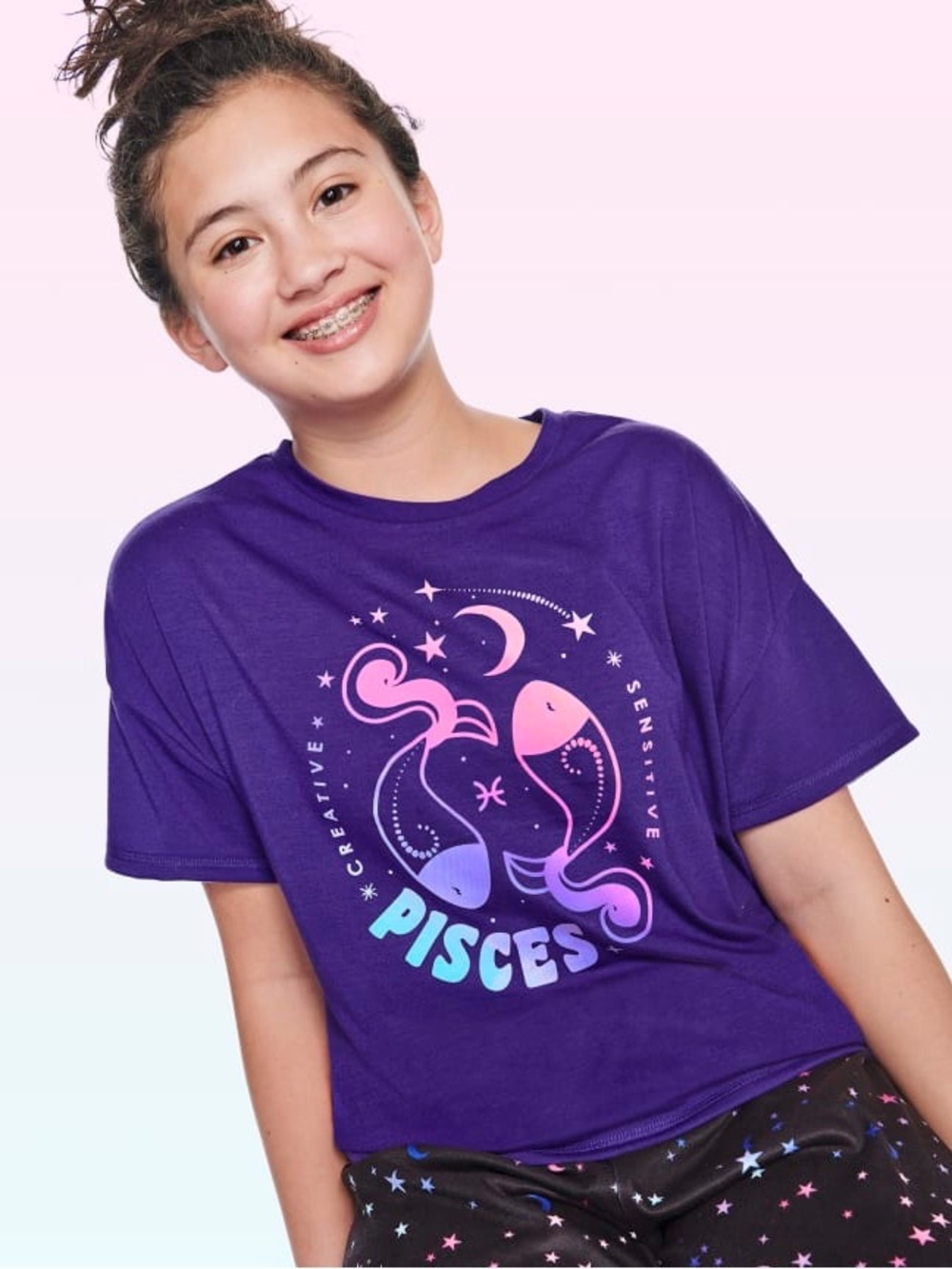 Sugar & Jade Tween Girls Pisces Zodiac Sleep Tee and Pants, Size Large (12/14)
